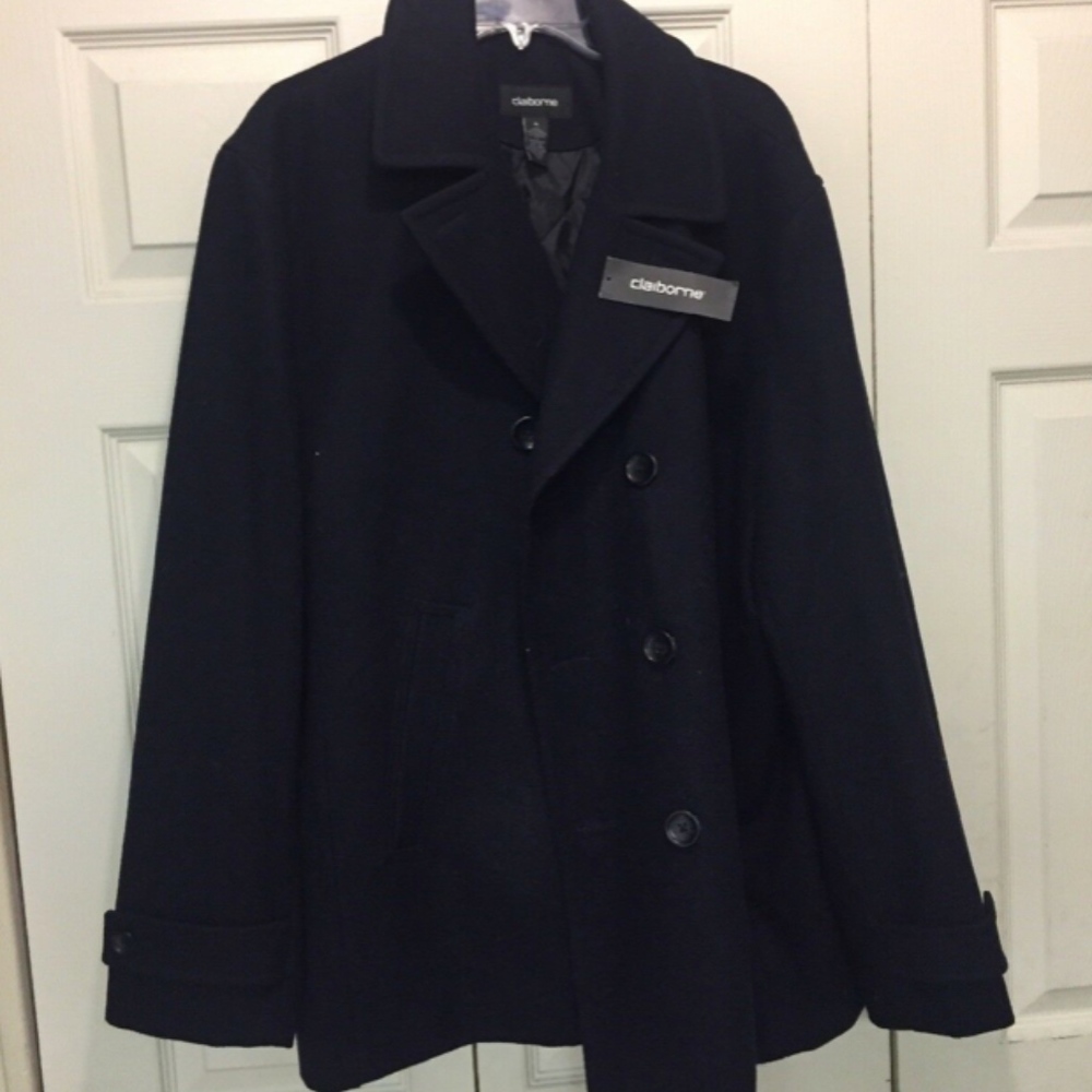 Claiborne Mens Pea Coat Medium Black Wool Jacket